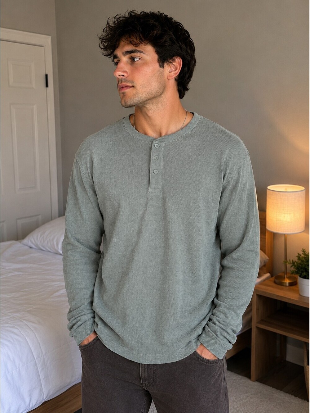 All in Motion Men's 3XL Light Green Waffle Henley Shirt - Long Sleeve